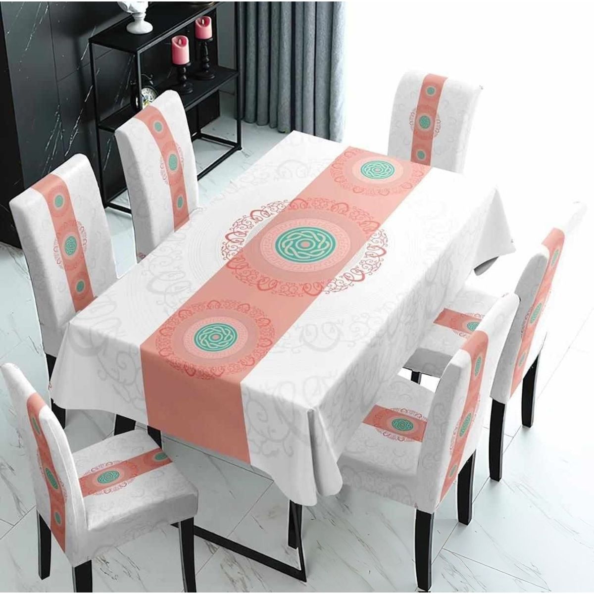 GENERICO - MANTEL IMPERNEABLE CON 6 FUNDAS SILLA DISEÑO ROSA TURQUESA WYN