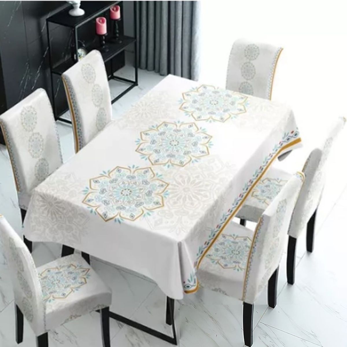 GENERICO - MANTEL IMPERNEABLE CON 6 FUNDAS SILLA DISEÑO FLOR BLANCA WYN