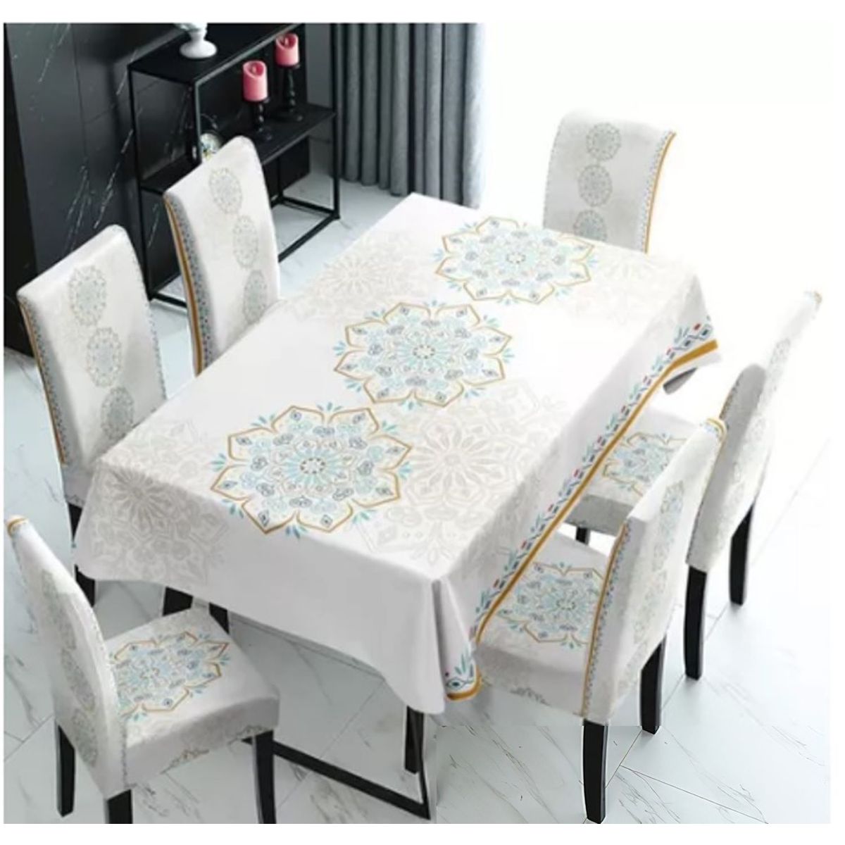 GENERICO - MANTEL IMPERNEABLE CON 6 FUNDAS SILLA DISEÑO FLOR BLANCA WYN