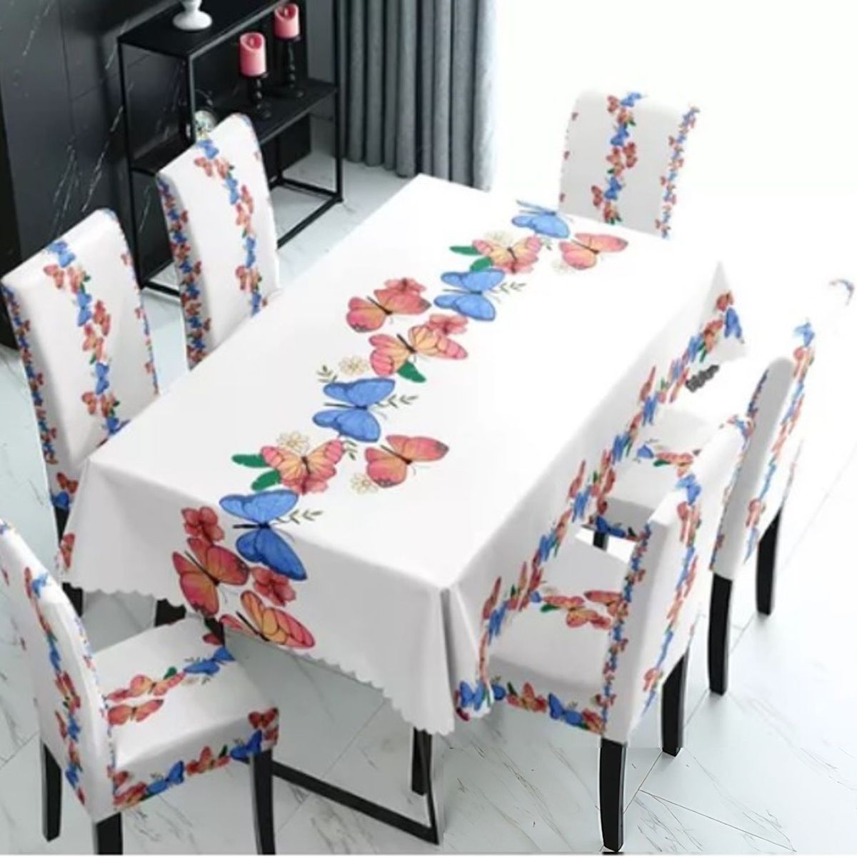 GENERICO - MANTEL IMPERNEABLE CON 6 FUNDAS SILLA DISEÑO MARIPOSAS WYN