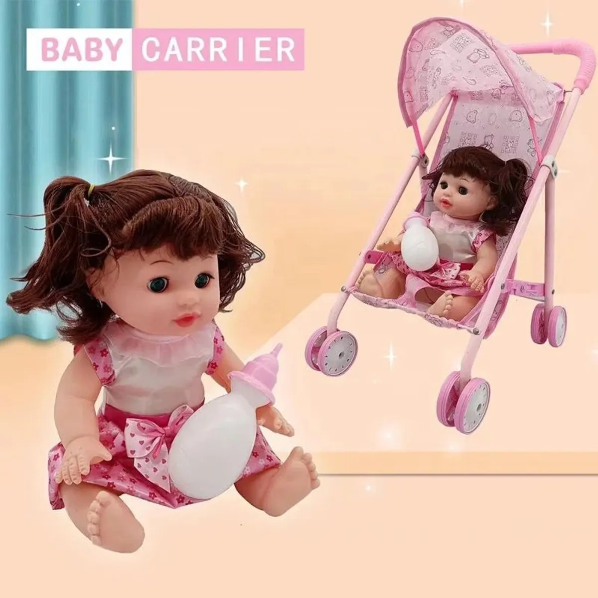 GENERICO - MUÑECA MAS COCHE ROSADO PARA BEBE Y NIÑA