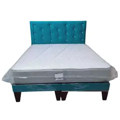 GENERICO - Cama Europea 2 Plazas Respaldo Turquesa Felpa Colchón Resorte Bonnell