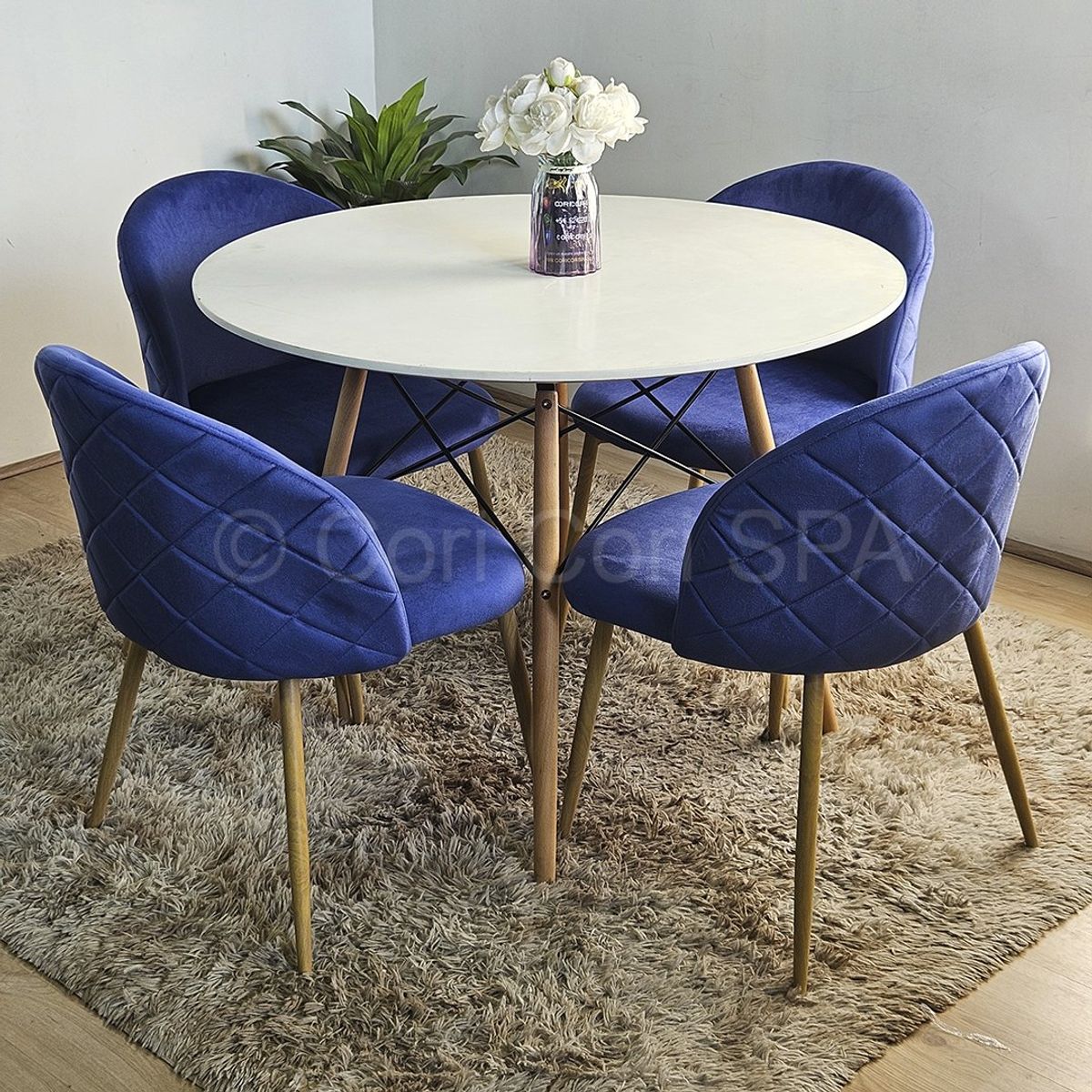 CORI CORI - Comedor Melamina Blanca 120cm + 4 Sillas Bread Wood Azul