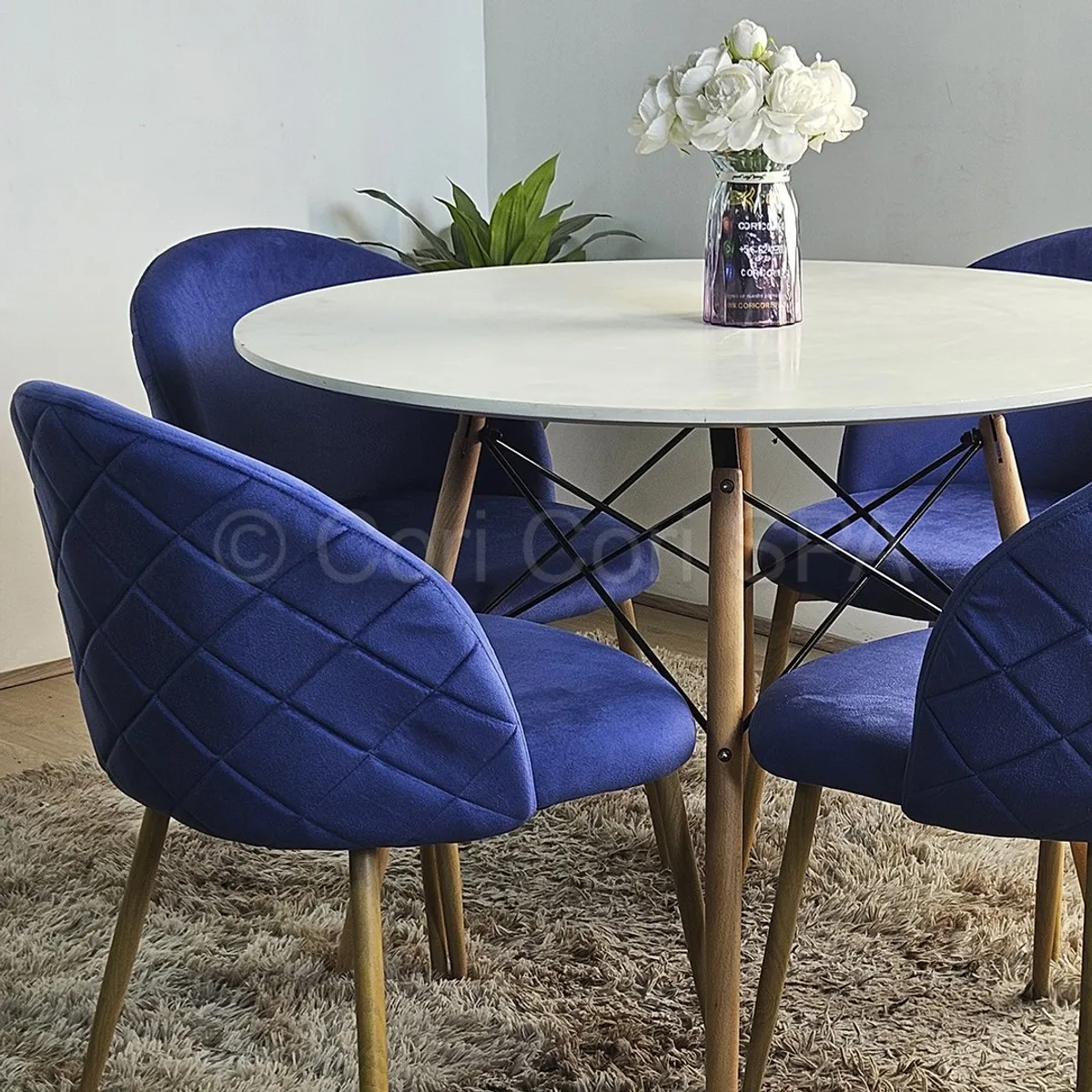 CORI CORI - Comedor Melamina Blanca 120cm + 4 Sillas Bread Wood Azul