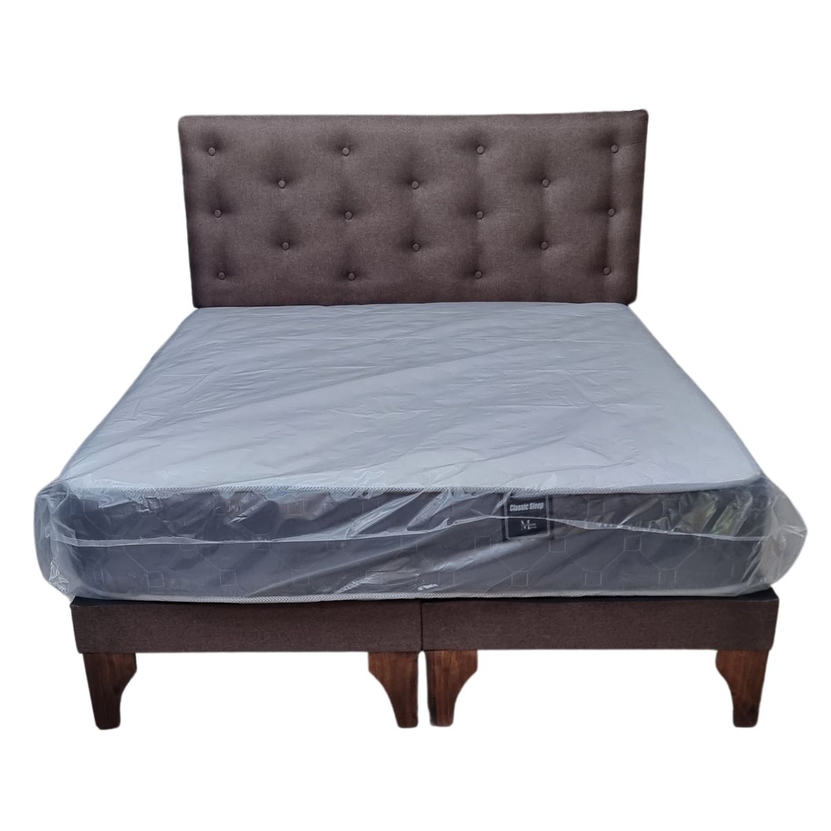 GENERICO - Cama Europea 2 Plazas Colchón Resorte Bonnell Respaldo Cafe Lino