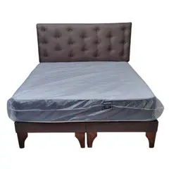 GENERICO - Cama Europea 2 Plazas Colchón Resorte Bonnell Respaldo Cafe Lino