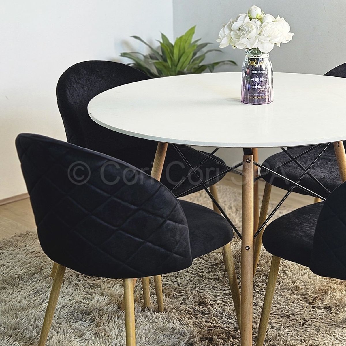 CORI CORI - Comedor Melamina Blanca 120cm + 4 Sillas Bread Wood negro