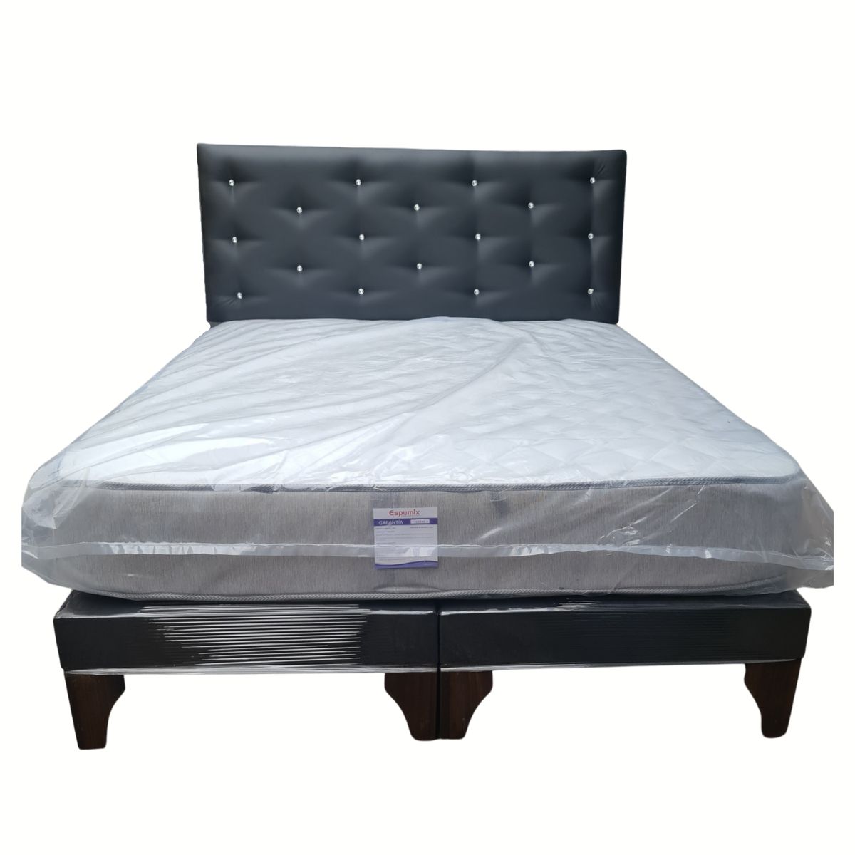 GENERICO - Cama Europea 2P Respaldo Negro Eco Cuero Diamante Colchón Resorte