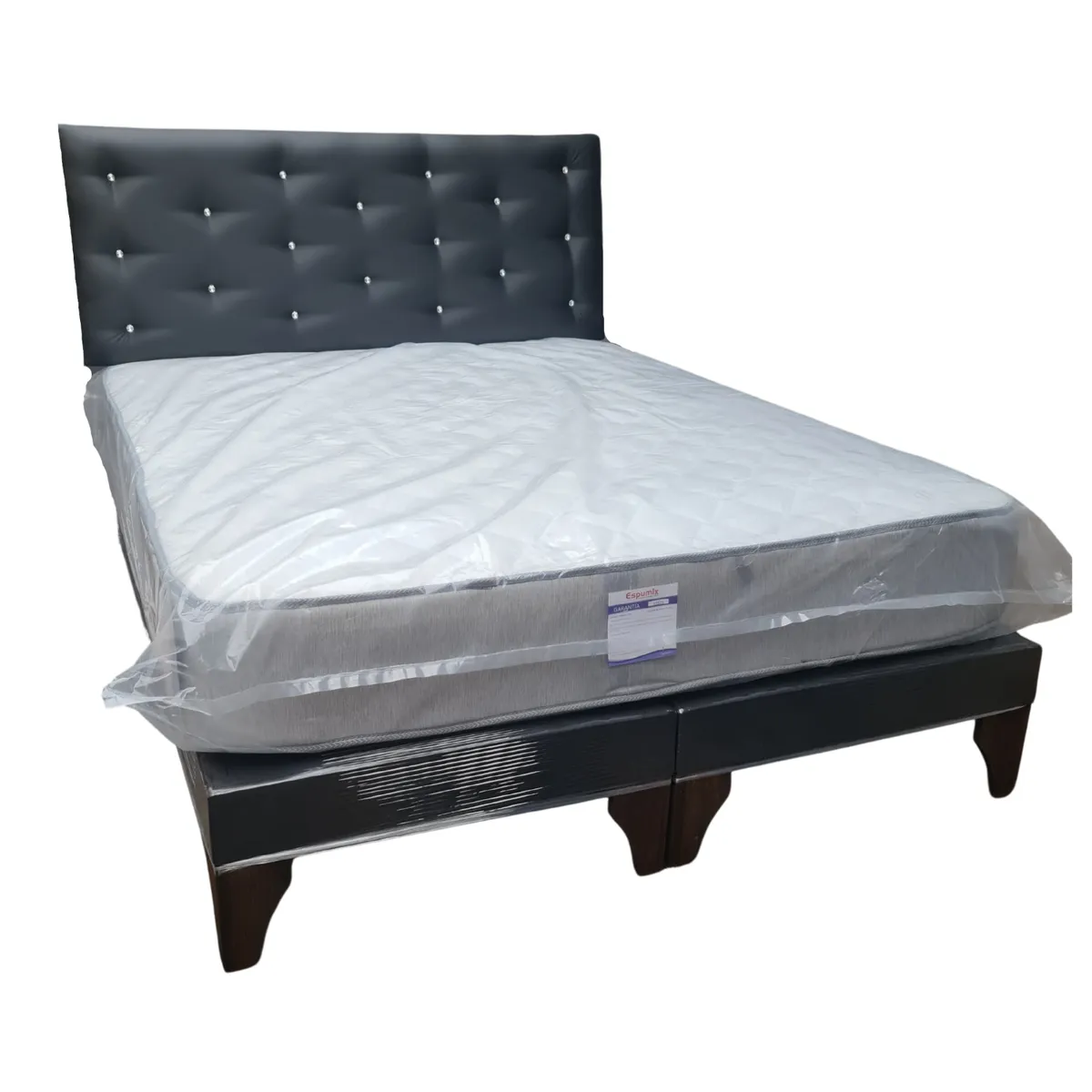 GENERICO - Cama Europea 2P Respaldo Negro Eco Cuero Diamante Colchón Resorte