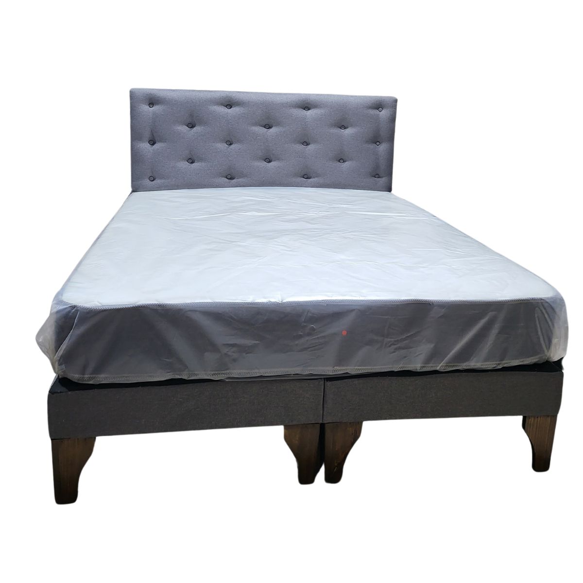 GENERICO - Cama Europea 2 Plazas Colchón Resorte Bonnell Respaldo Gris Lino