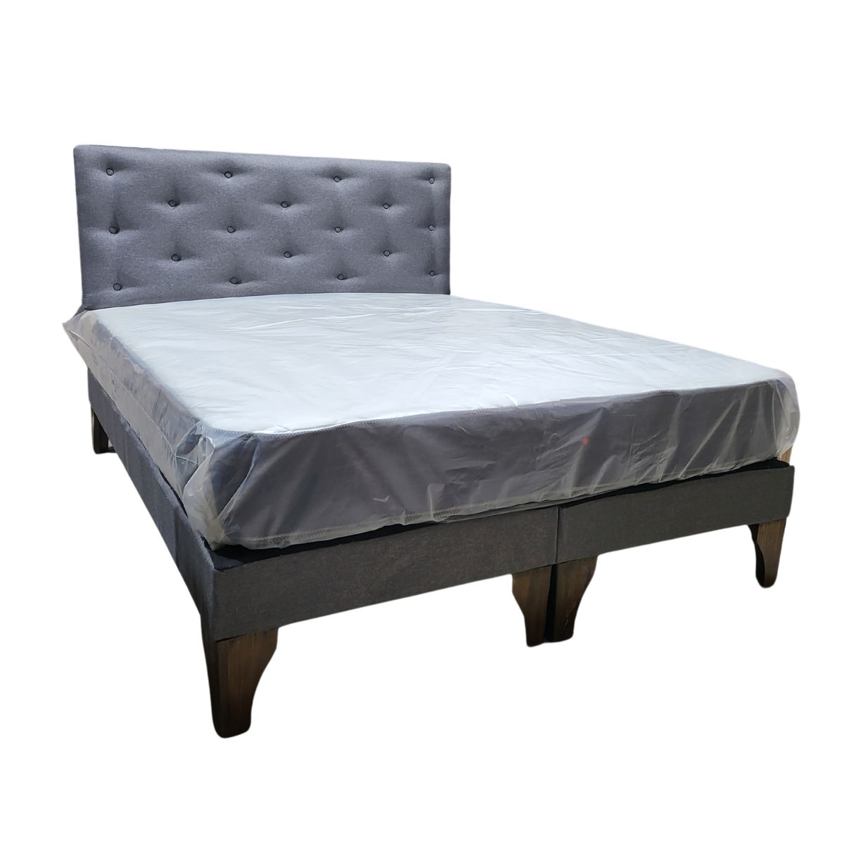 GENERICO - Cama Europea 2 Plazas Colchón Resorte Bonnell Respaldo Gris Lino