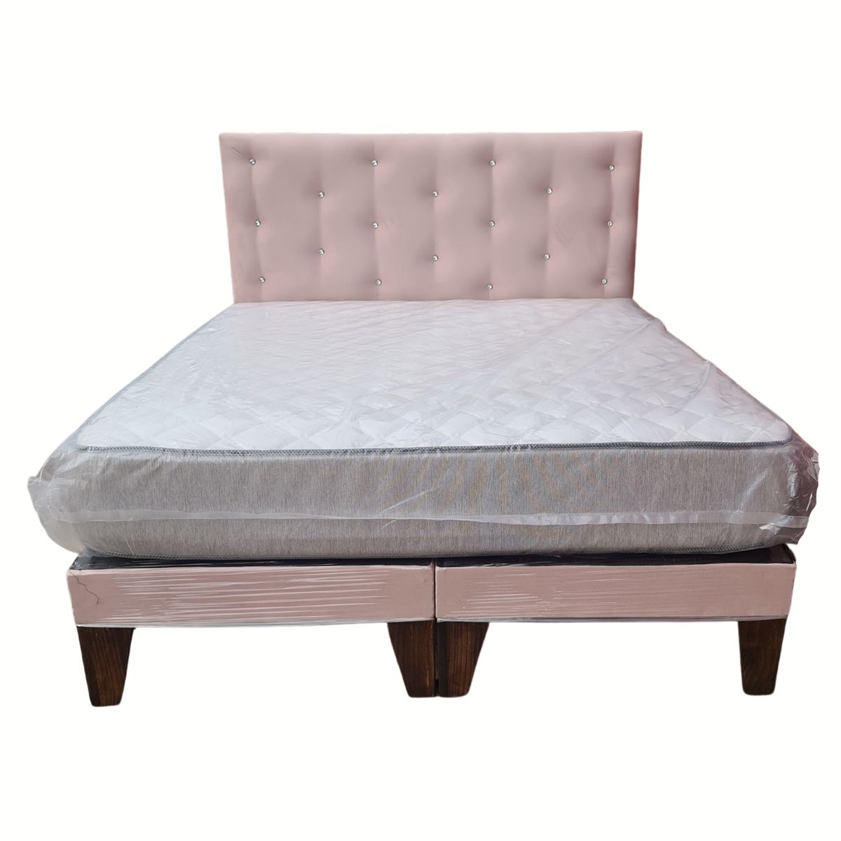 GENERICO - Cama Europea 2P Respaldo Rosa Pastel Felpa Diamante Colchón Resorte