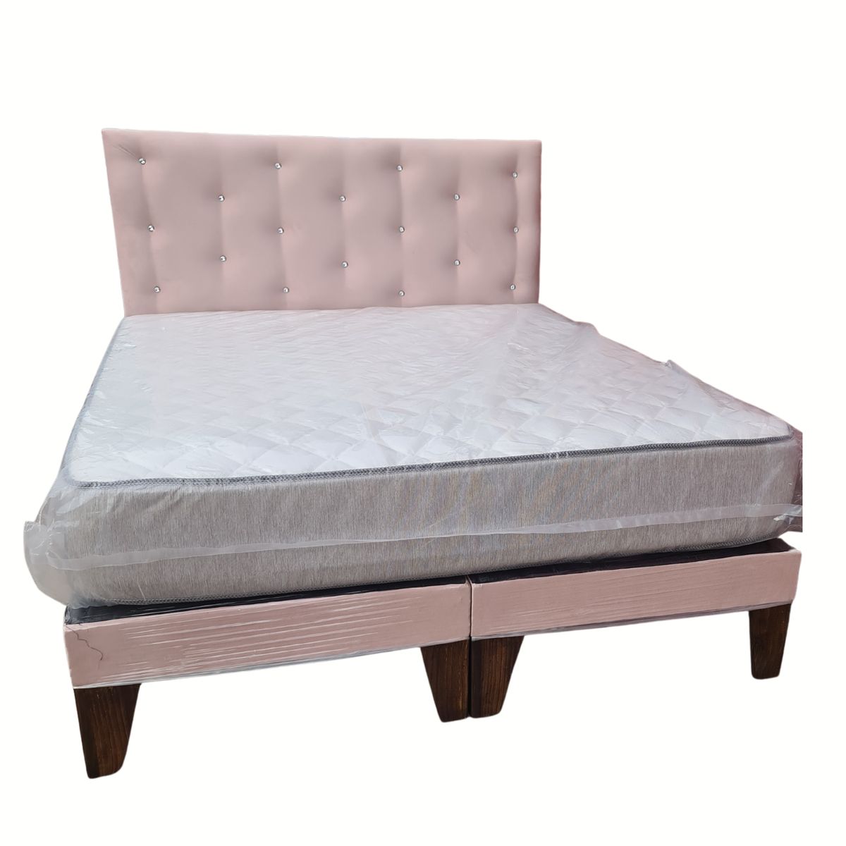 GENERICO - Cama Europea 2P Respaldo Rosa Pastel Felpa Diamante Colchón Resorte