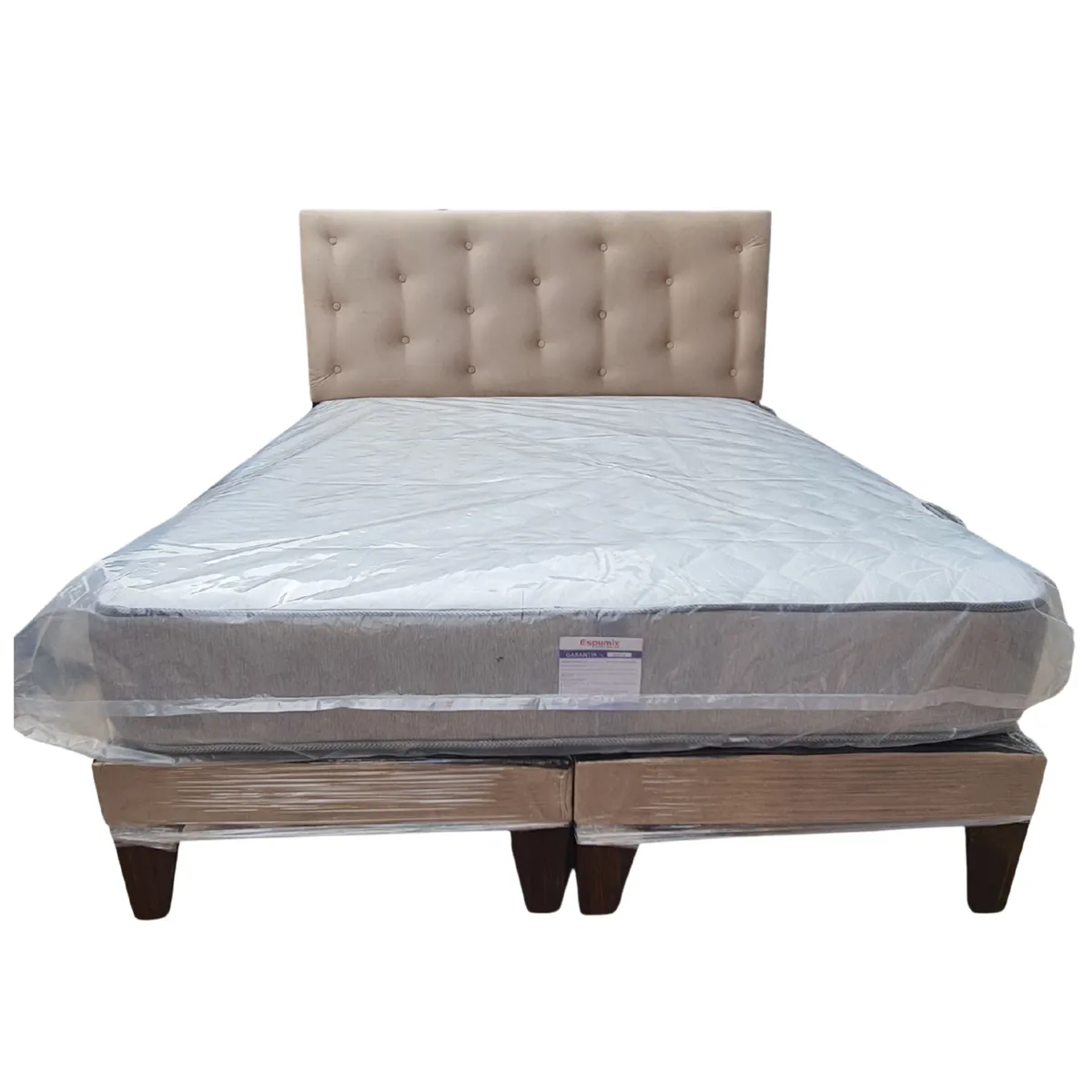 GENERICO - Cama Europea 2 Plazas Respaldo Beige Felpa Colchón Resorte