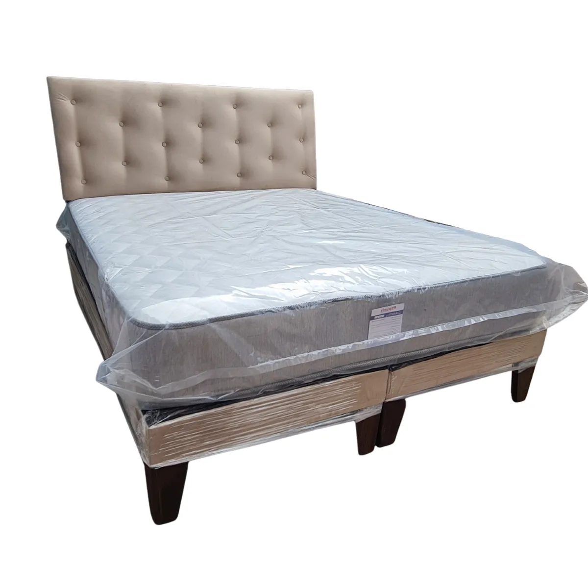 GENERICO - Cama Europea 2 Plazas Respaldo Beige Felpa Colchón Resorte