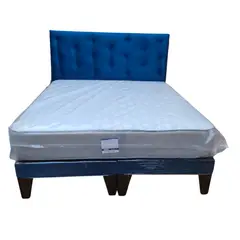 GENERICO - Cama Europea 2 Plazas Respaldo Azul Marino Felpa Colchón Resorte