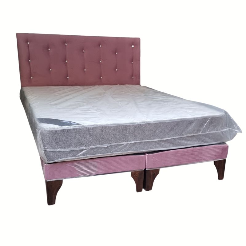 GENERICO - Cama Europea 2P Respaldo Palo Rosa Felpa Diamante Colchón Resorte