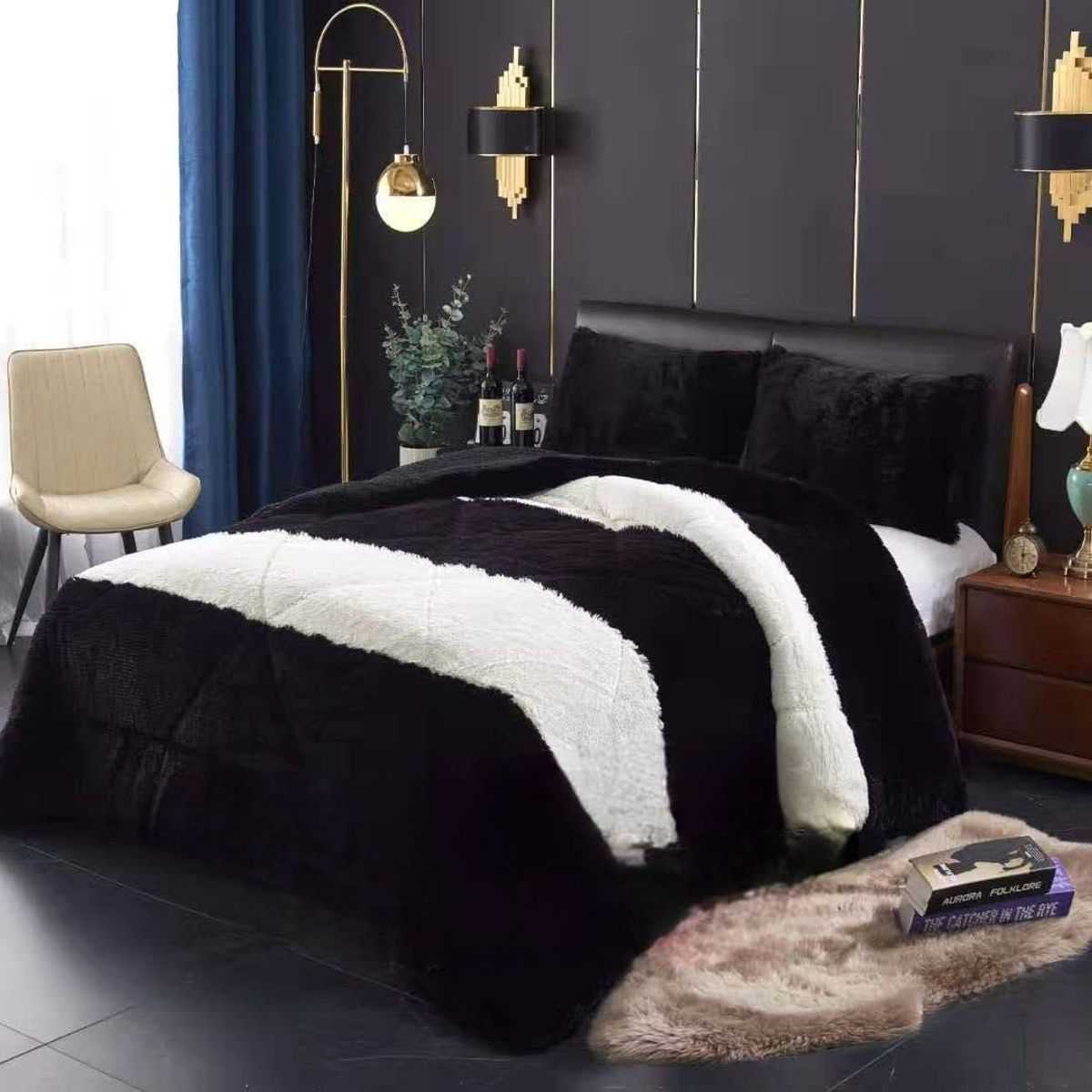 GENERICO - COBERTORES PELUDOS CAMA DE DOS PLAZAS NEGRO Y BLANCO