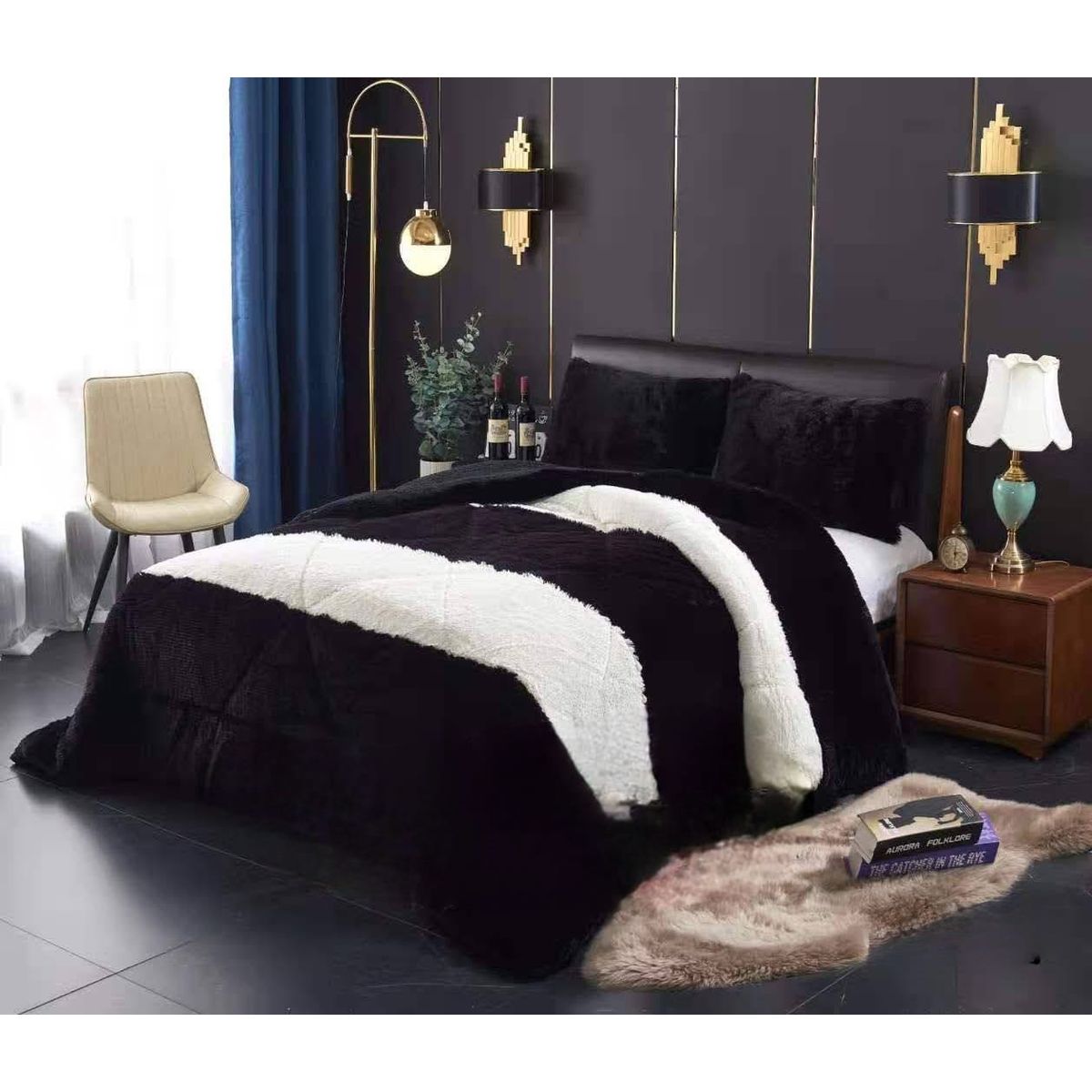 GENERICO - COBERTORES PELUDOS CAMA DE DOS PLAZAS NEGRO Y BLANCO