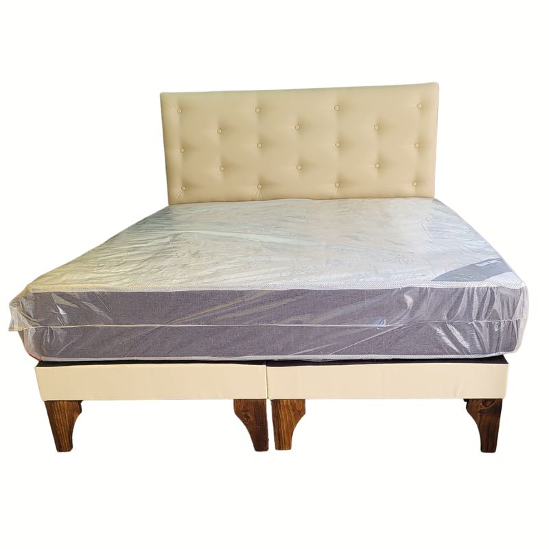 GENERICO - Cama Europea 2 Plazas Respaldo Beige Eco Cuero Colchón Resorte