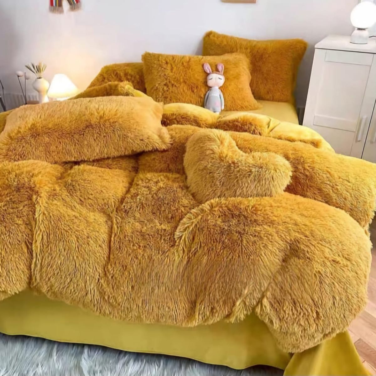 GENERICO - COBERTORES PELUDOS CAMA DE DOS PLAZAS MOSTAZA