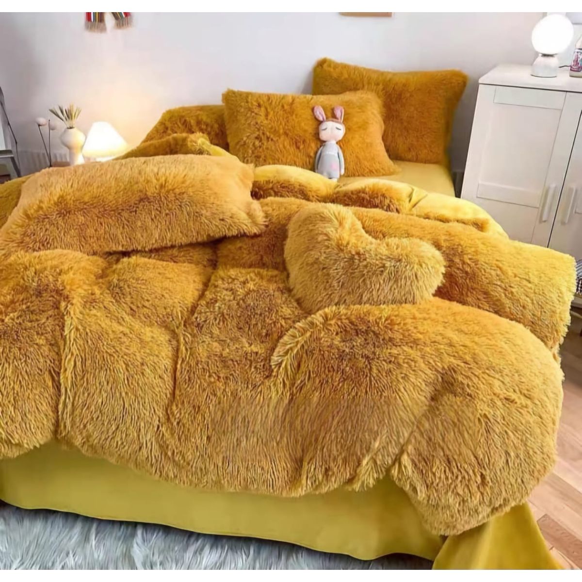 GENERICO - COBERTORES PELUDOS CAMA DE DOS PLAZAS MOSTAZA