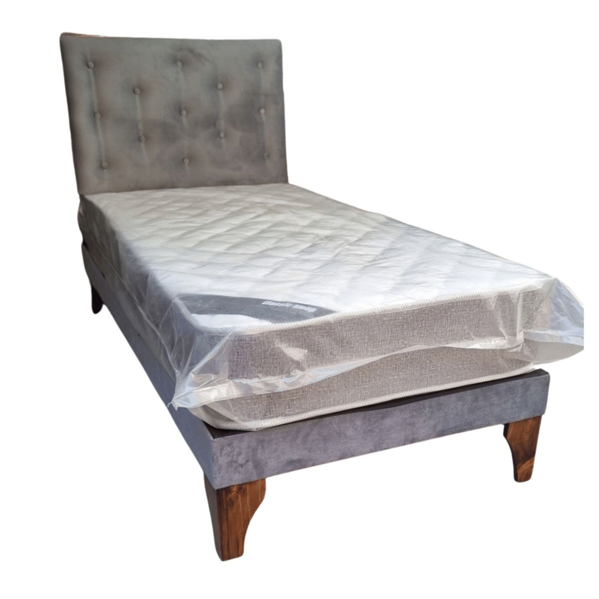 GENERICO - Cama Europea 1Plaza Respaldo Gris Felpa Colchón Resorte Bonnell