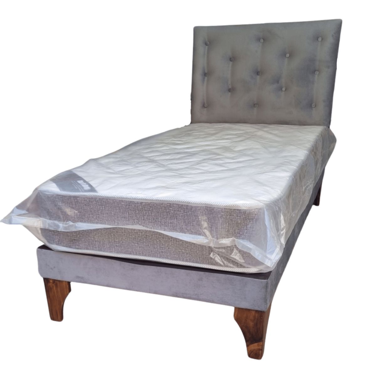 GENERICO - Cama Europea 1Plaza Respaldo Gris Felpa Colchón Resorte Bonnell