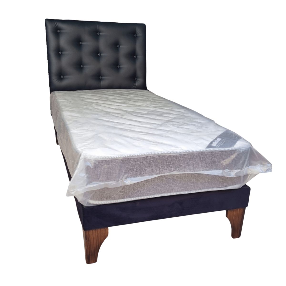 GENERICO - Cama Europea 1Plaza Respaldo Negro Eco Cuero Colchón Resorte Bonnell