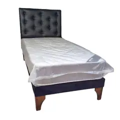 GENERICO - Cama Europea 1Plaza Respaldo Negro Eco Cuero Colchón Resorte Bonnell