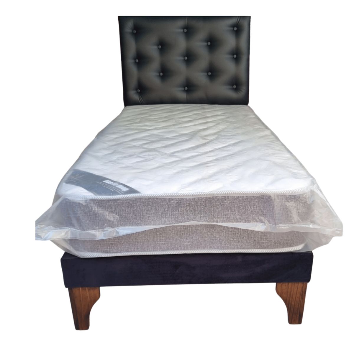 GENERICO - Cama Europea 1Plaza Respaldo Negro Eco Cuero Colchón Resorte Bonnell