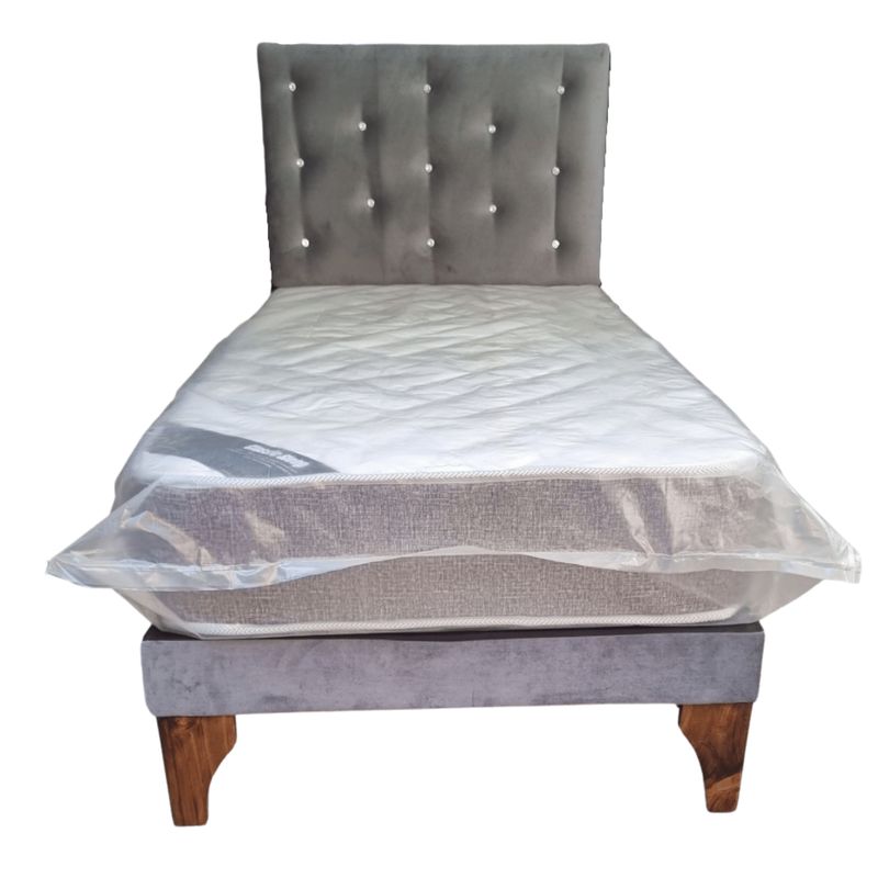 GENERICO - Cama Europea 1Plaza Respaldo Gris Felpa Botón Diamante Colchón