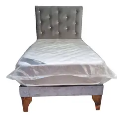 GENERICO - Cama Europea 1Plaza Respaldo Gris Felpa Botón Diamante Colchón