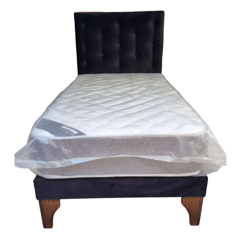 GENERICO - Cama Europea 1Plaza Respaldo Negro Felpa Colchón Resorte Bonnell