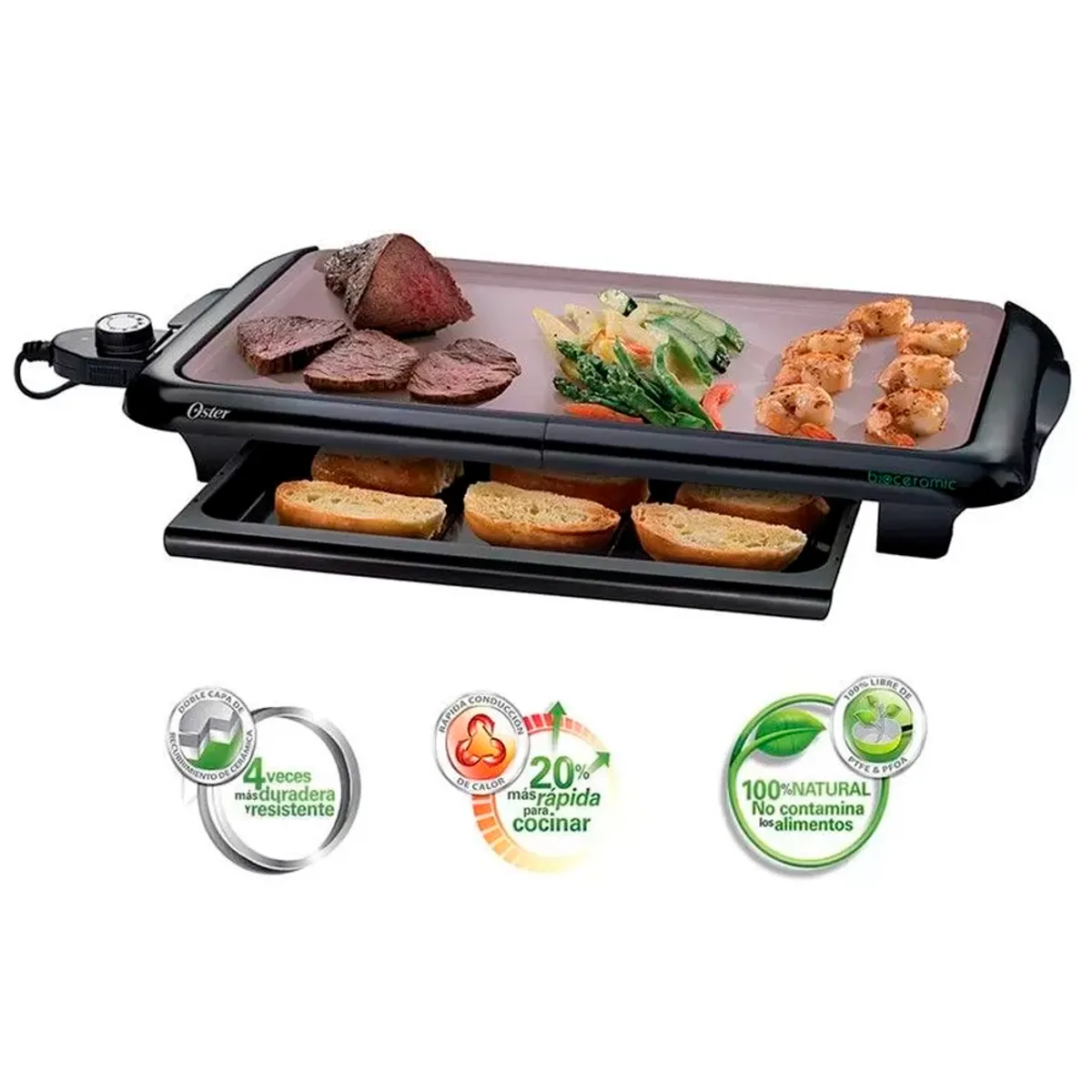 OSTER - Asador eléctrico Bio Cerámica Natural Antiadherente certificado SEC