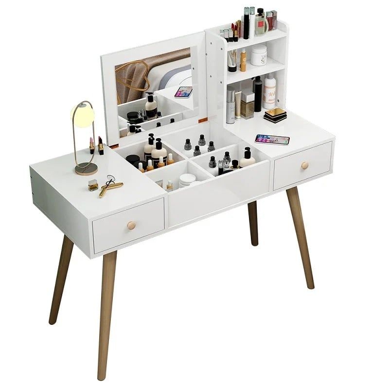 ACTUAL - Tocador Con Espejo Repisa y Cajones Elegante Blanco