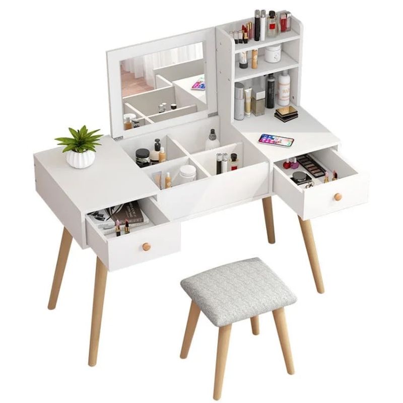 ACTUAL - Tocador Con Espejo Cajones  Repisas Elegante Blanco