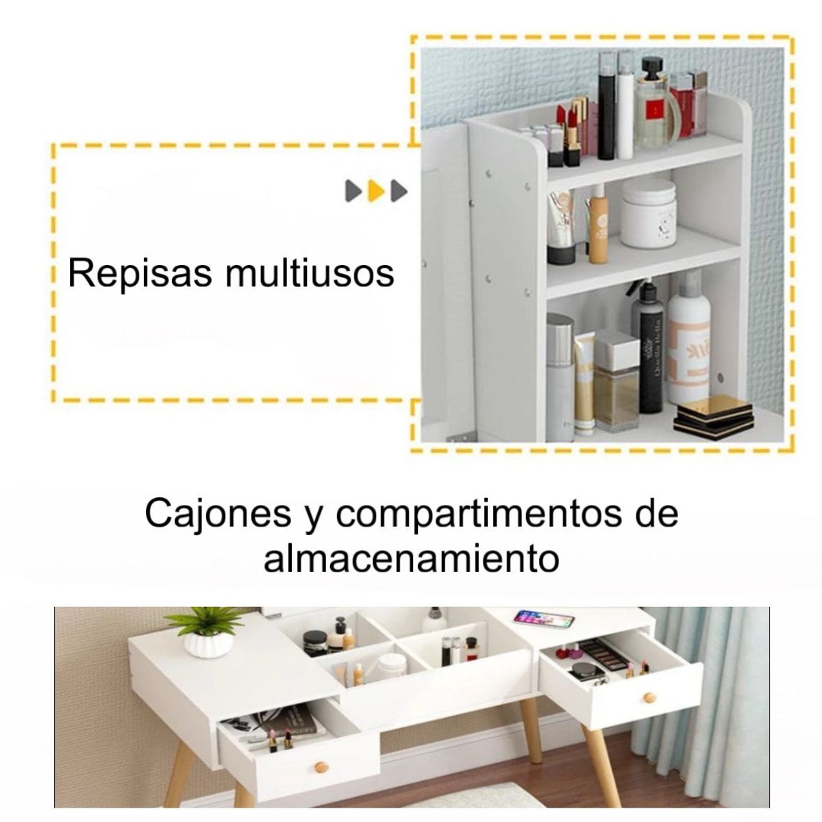 ACTUAL - Tocador Con Espejo Cajones  Repisas Elegante Blanco