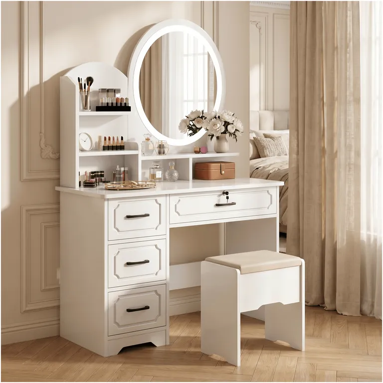 Tocador Melamina Con Taburete Luz 80x40x137cm Estilo Europeo