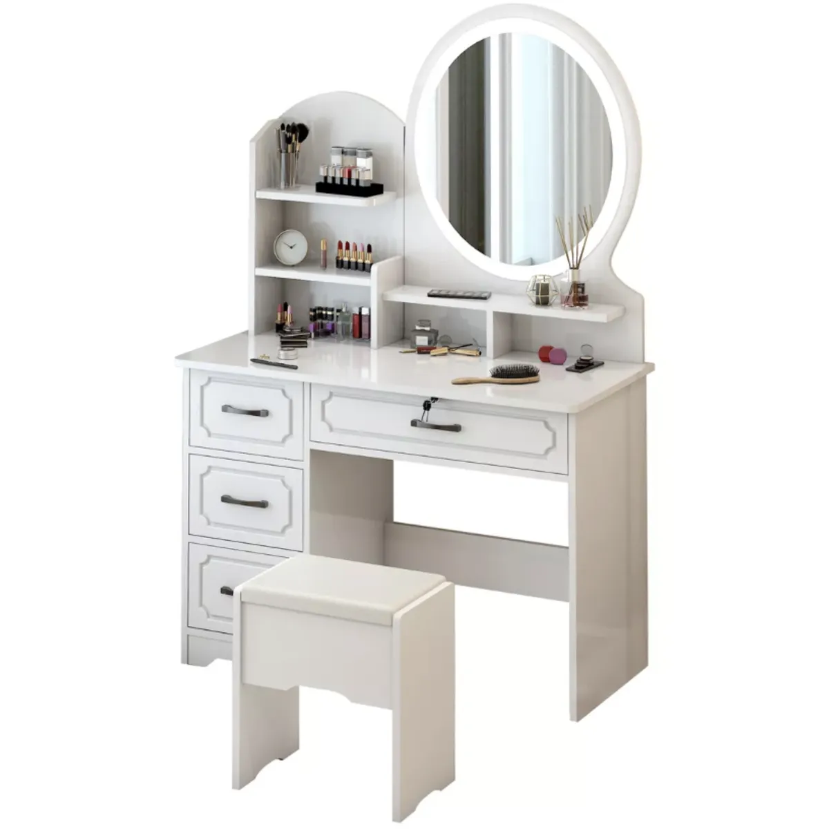 HOMER DESIGN - Tocador Melamina Con Taburete Luz 80x40x137cm Estilo Europeo