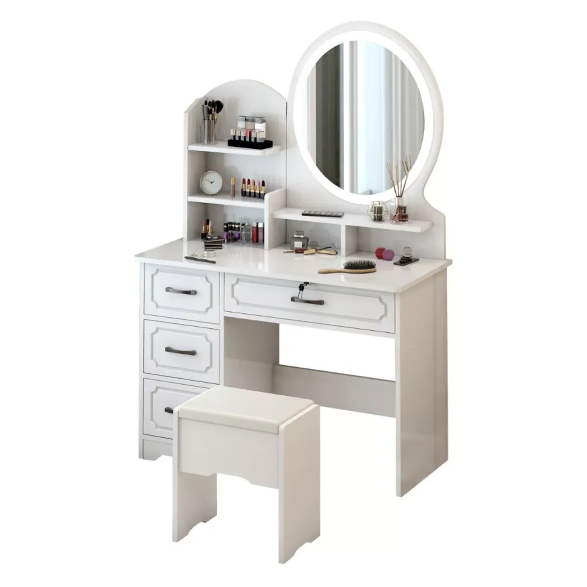 HOMER DESIGN - Tocador Melamina Con Taburete Luz 80x40x137cm Estilo Europeo