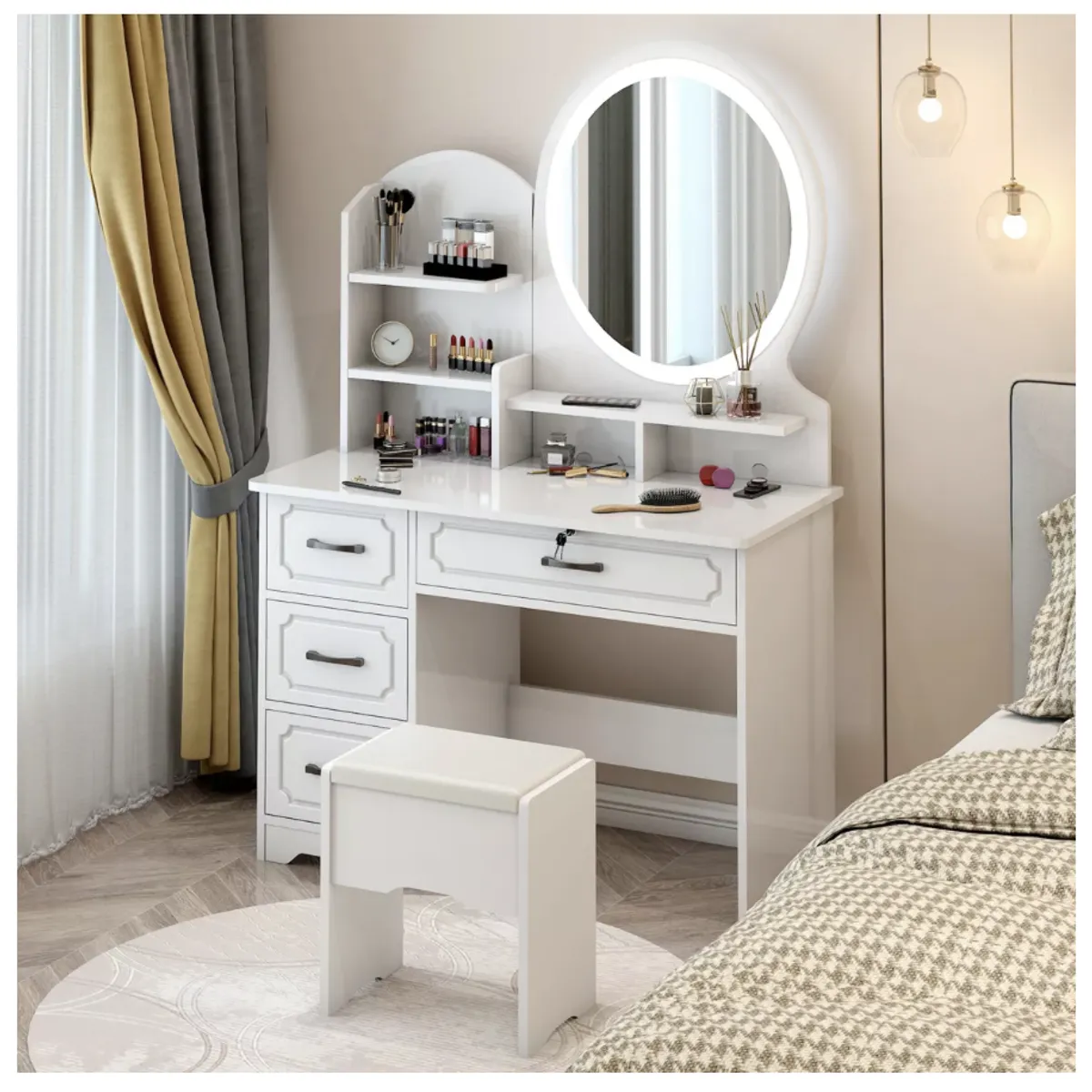 HOMER DESIGN - Tocador Melamina Con Taburete Luz 80x40x137cm Estilo Europeo