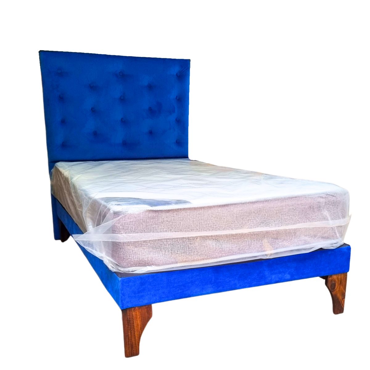 GENERICO - Cama Europea 1.5 Plazas + Respaldo Azul  A Piso + Colchón Resorte