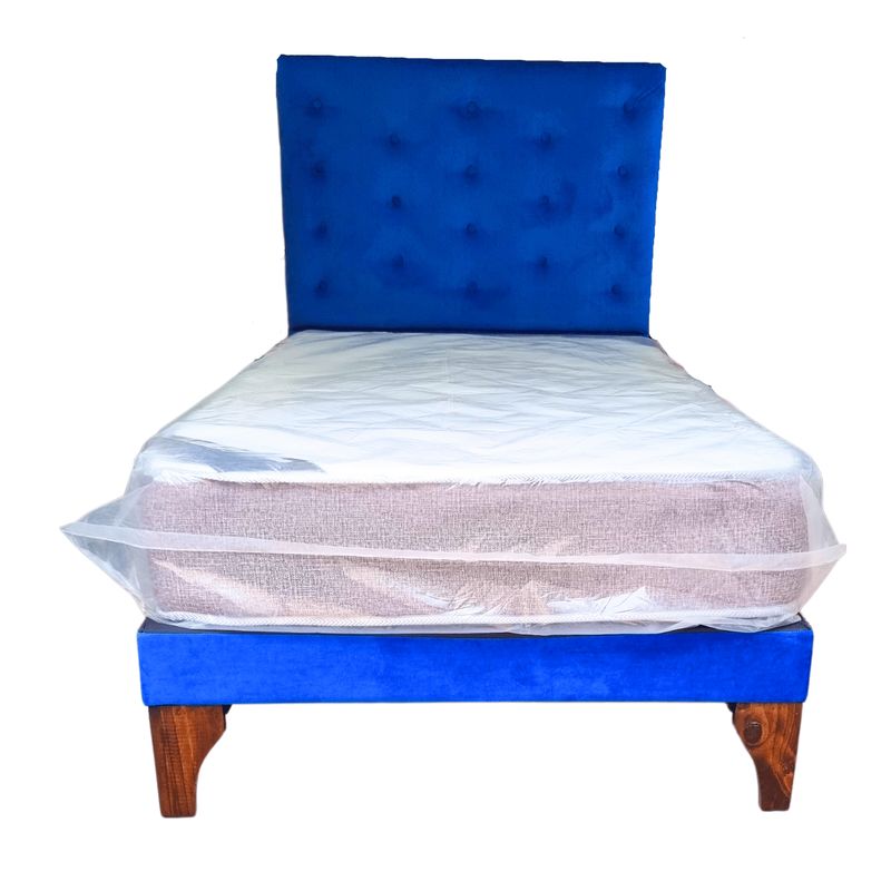 GENERICO - Cama Europea 1.5 Plazas + Respaldo Azul  A Piso + Colchón Resorte