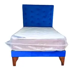 GENERICO - Cama Europea 1.5 Plazas + Respaldo Azul A Piso + Colchón Resorte