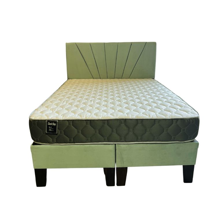 Cama Ame 2P Colchon de Resortes Resp Verde Menta Felpa Lineal Pmadera