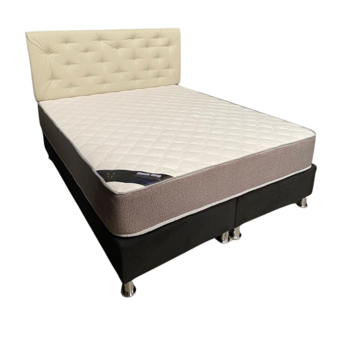 MUEBLES HVM - Cama HVM 2 Plaza Respaldo Beige pu Botone PMetal
