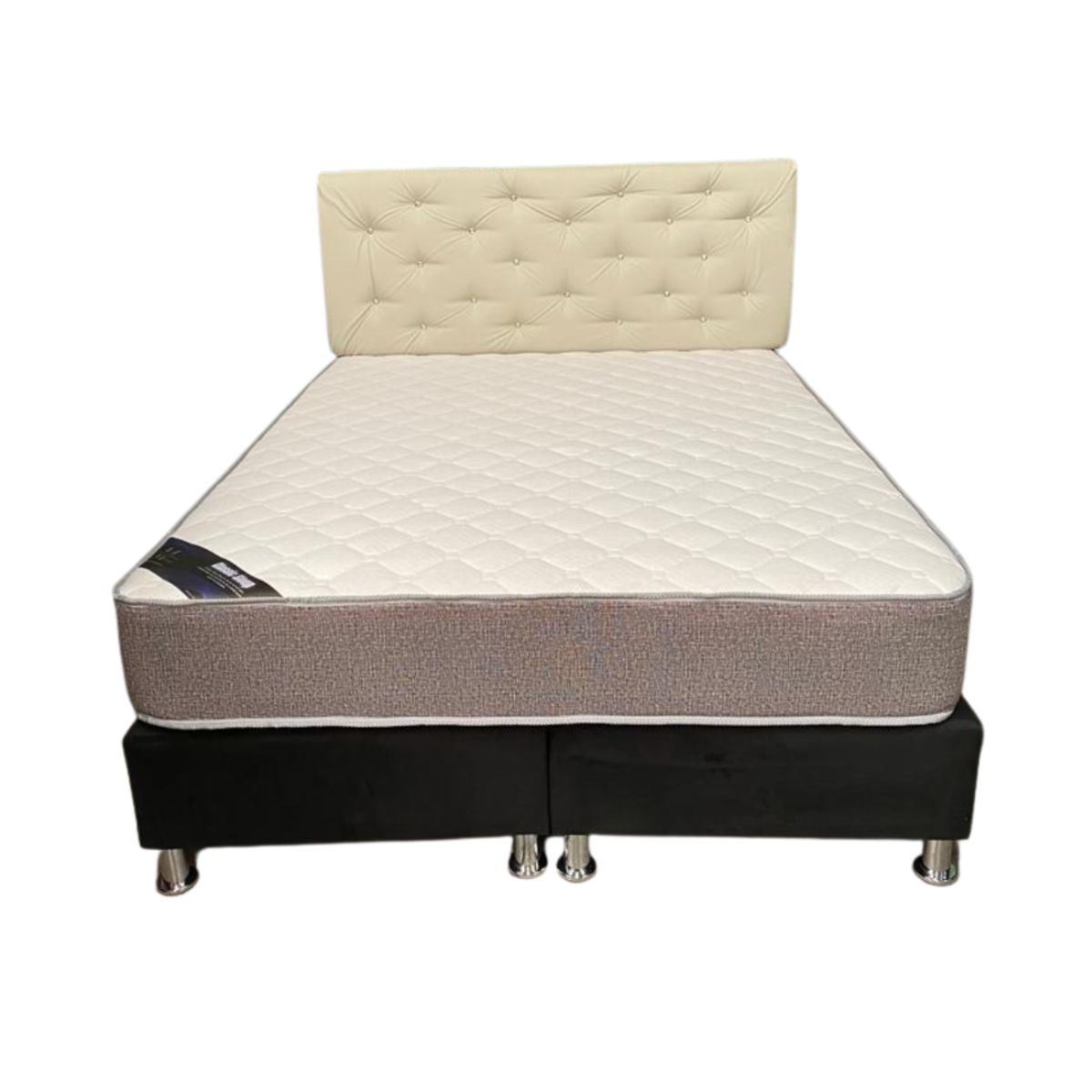 MUEBLES HVM - Cama HVM 2 Plaza Respaldo Beige pu Botone PMetal