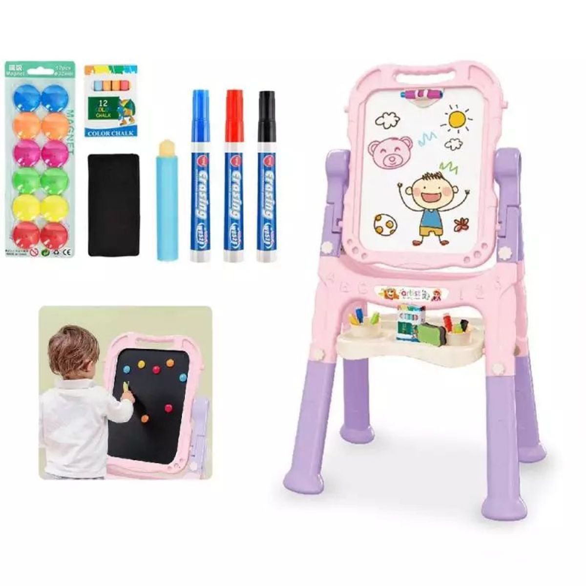 GENERICO - PIZARRA MAGNÉTICA DOBLE CARA PARA NIÑOS ROSA