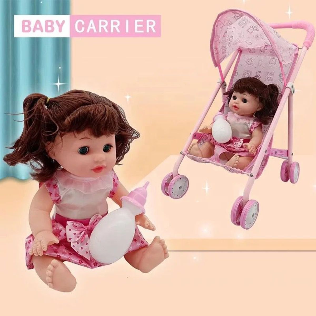 GENERICO - MUÑECA MAS COCHE ROSADO PARA BEBE Y NIÑA
